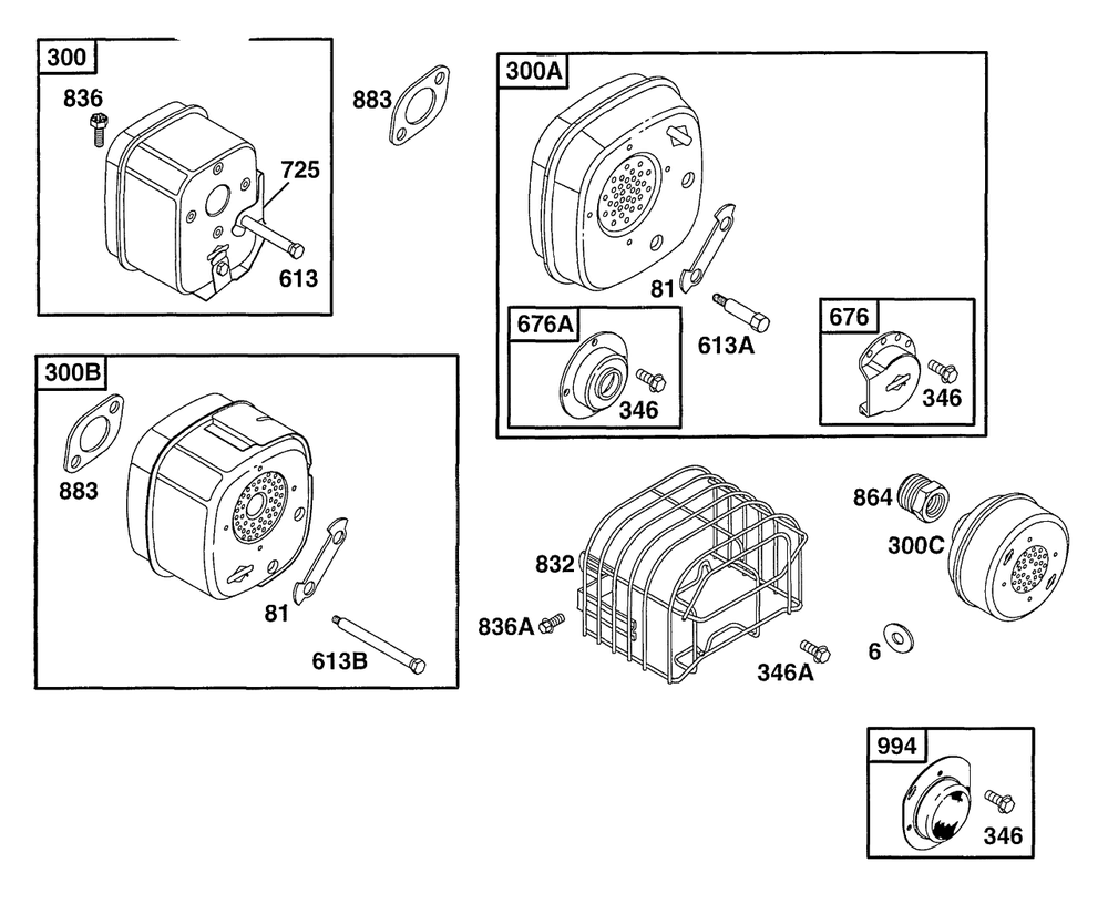 Muffler Grps Diagram and Parts List for 133702-0135-XX  Briggs and Stratton Engine